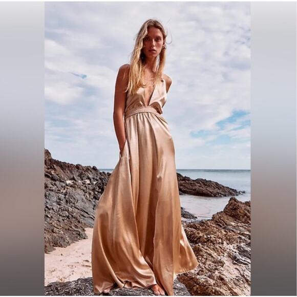 Free People Womens Look Into The Sun Gown Deep V Halter Neck Champagne Size S - Picture 1 of 13